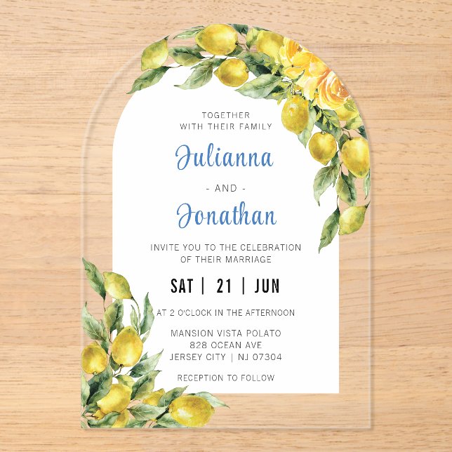 Italian Lemon Wedding Acrylic Invitation (Front)