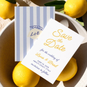 Italian Lemon Yellow & Blue Striped  Save The Date