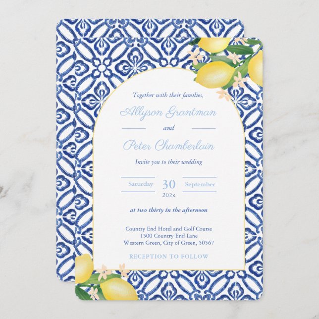 Italian Lemons Arch Shape Blue White Tiles Wedding Invitation (Front/Back)