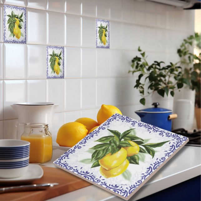 Italian Lemons Blue Filigree European Ceramic Tile (European Italian Lemons 
Ceramic Kitchen Backsplash Tile)