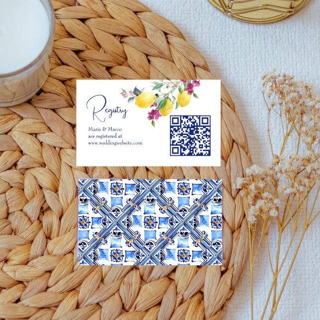 Italian lemons bougainvillea citrus gift registry enclosure card (Vintage Italian maiolica blue tiles lemons bougainvillea citrus qr gift registry enclosure card)