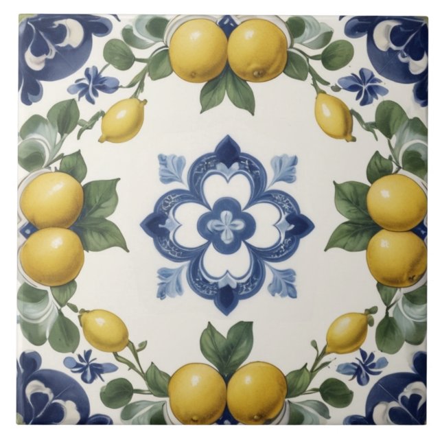 Italian Lemons & Citrus Fruit with Blue Clover Ceramic Tile (Front)