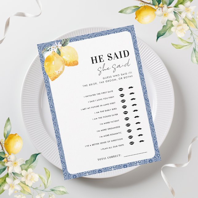 Italian Lemons He Said She Said Bridal Shower Game Invitation (Creator Uploaded)