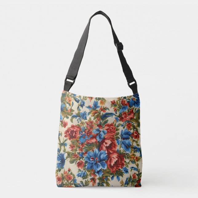 Italian Lush Red and Blue Flowers with Lush Leaves Crossbody Bag (Front)