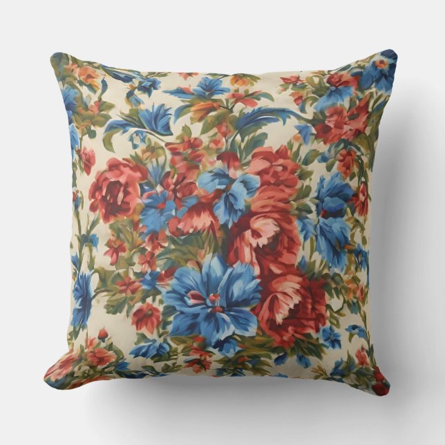 Italian Lush Red and Blue Flowers with Lush Leaves Cushion (Front)