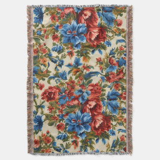 Italian Lush Red and Blue Flowers with Lush Leaves Throw Blanket