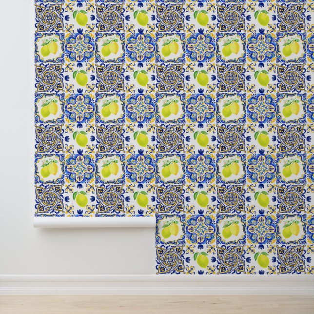 Italian Majolica Style Lemon Tile Pattern Wallpaper (Application)