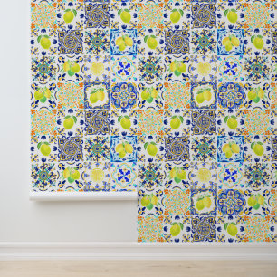 Italian Majolica Style Lemon Tile Pattern Wallpaper