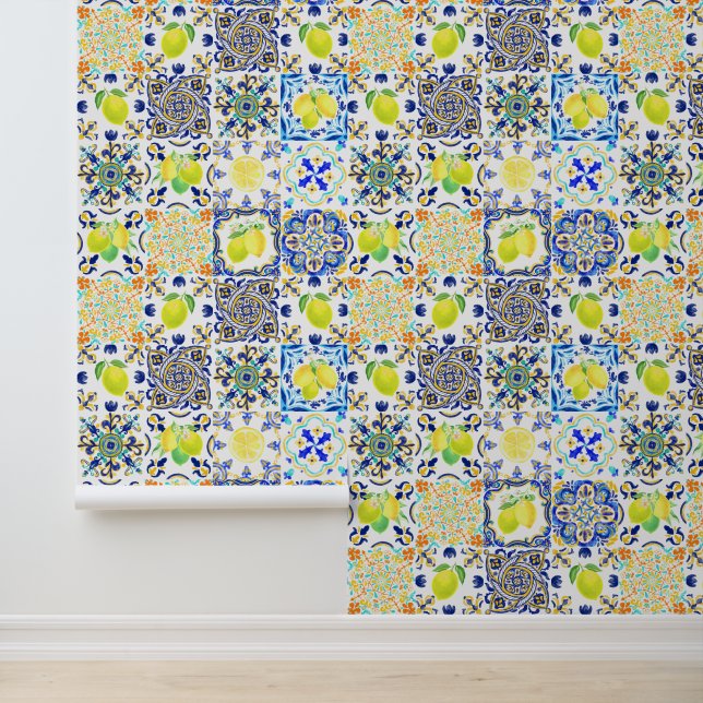 Italian Majolica Style Lemon Tile Pattern Wallpaper (Application)