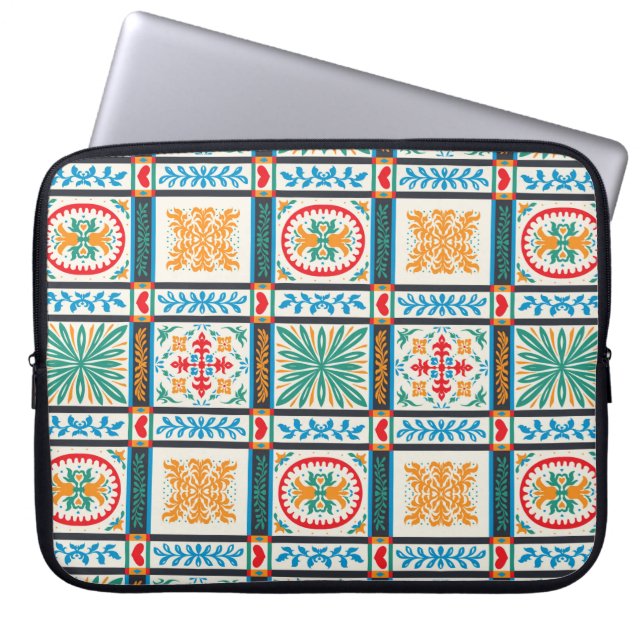 Italian majolica tile. Embroidery with flowers and Laptop Sleeve (Front)