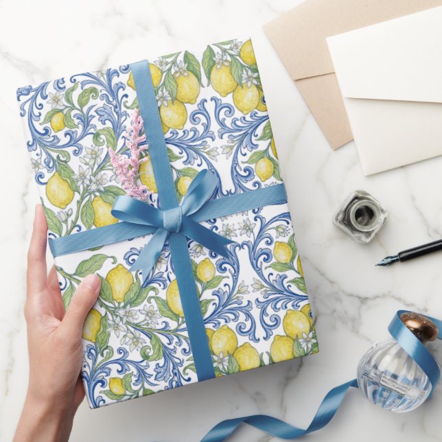 Italian Mediterranean Blue Lemon Floral Wrapping Paper (Gifting)