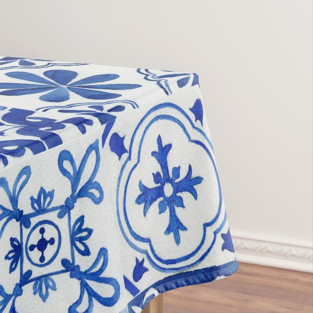 Italian Mediterranean Blue, White & Yellow Pattern Tablecloth (In Situ)