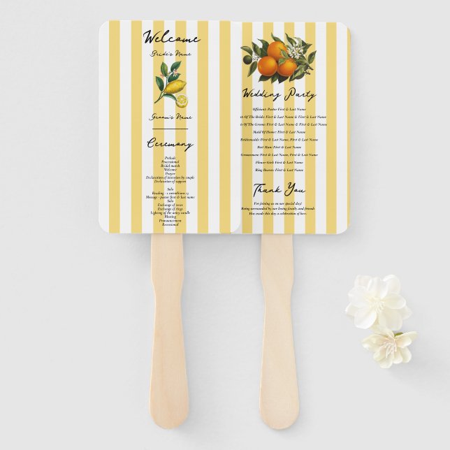 Italian Mediterranean Citrus Lemon Wedding Program Hand Fan (Front and Back)