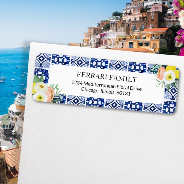 Italian Mediterranean Floral Tiles Return Address Label (In situ)