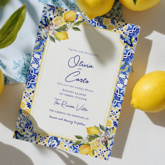 Italian Mediterranean Tile & Lemon Wedding Holiday Card