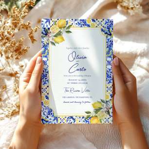 Italian Mediterranean Tile & Lemon Wedding Holiday Card