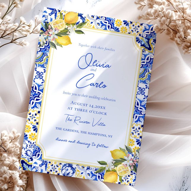 Italian Mediterranean Tile & Lemon Wedding Holiday Card (Creator Uploaded)