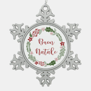 Italian Merry Christmas Wreath, Buon Natale Snowflake Pewter Christmas Ornament