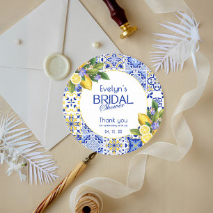 Italian Mosaic Blue Tile Lemons Bridal Shower Classic Round Sticker