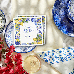 Italian Mosaic Blue Tile Lemons Bridal Shower Napkin