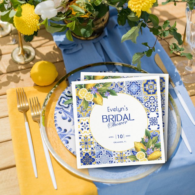 Italian Mosaic Blue Tile Lemons Bridal Shower Napkin (Creator Uploaded)