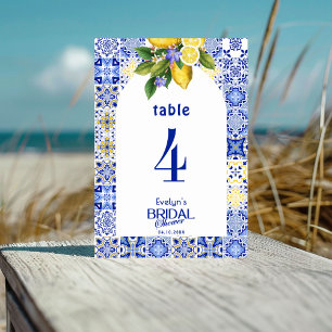 Italian Mosaic Blue Tile & Lemons Bridal Shower Table Number