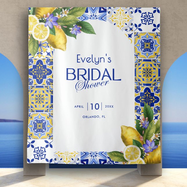 Italian Mosaic Blue Tile Lemons Bridal Shower Tapestry (Creator Uploaded)
