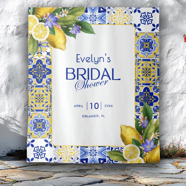 Italian Mosaic Blue Tile Lemons Bridal Shower Tapestry (Creator Uploaded)