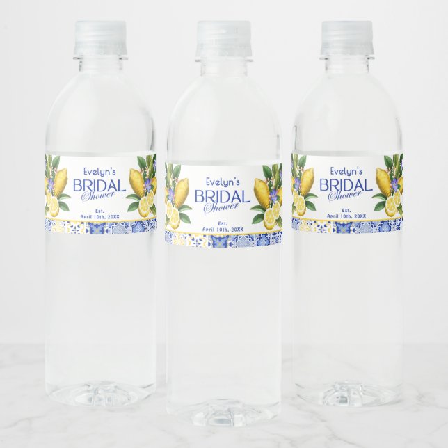 Italian Mosaic Blue Tile & Lemons Bridal Shower Water Bottle Label (Bottles)