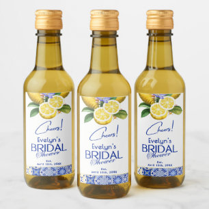 Italian Mosaic Blue Tile & Lemons Bridal Shower Wine Label