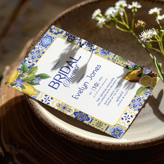 Italian Mosaic Blue Tile Lemons Chic Bridal Shower Invitation (Creator Uploaded)