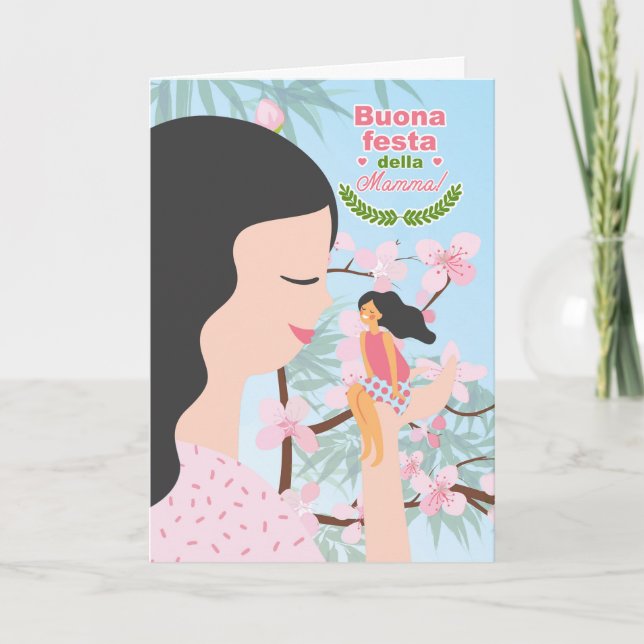 ITALIAN Mother's Day Cherry Blossoms Mum and Child Card (Front)
