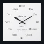 Italian Numbers Custom City Country Time Zones Square Wall Clock<br><div class="desc">This clock with Italian numbers can be personalised to show the place, country, and time zone of your choice. Great for businesses that communicate with different time zones or those who have friends and relatives in Italy. Upload a background image of your choice for a more personalised look. The custom...</div>