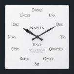 Italian Numbers Custom City Country Time Zones Square Wall Clock<br><div class="desc">This clock with Italian numbers can be personalised to show the place, country, and time zone of your choice. Great for businesses that communicate with different time zones or those who have friends and relatives in Italy. Upload a background image of your choice for a more personalised look. The custom...</div>