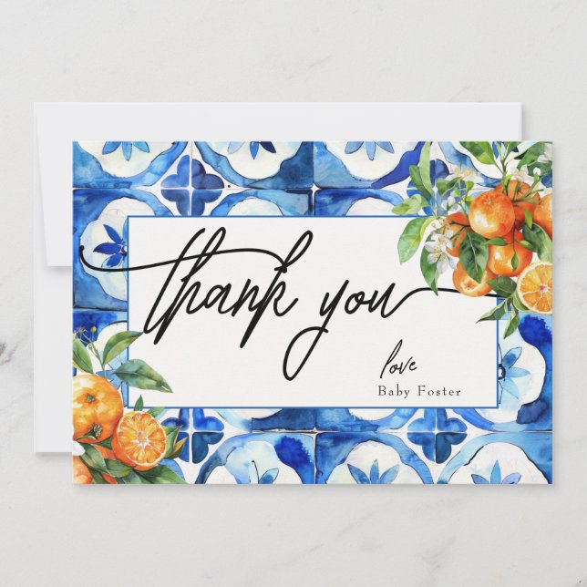 Italian Orange Watercolor Baby Shower  Thank You Card (Front)