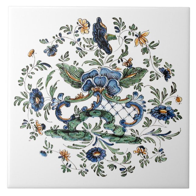 Italian Painted Flower Print Ceramic Tile (Front)