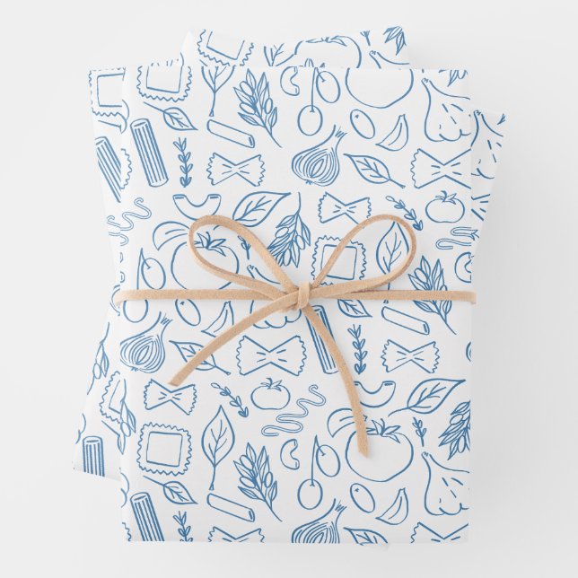 Italian Pasta Blue Noodle Doodle That’s Amore Wrapping Paper Sheet (In situ)