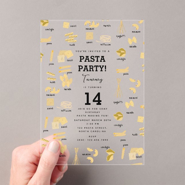 Italian Pasta Shapes & Names Pasta Making Birthday Acrylic Invitations (Insitu (Handheld))