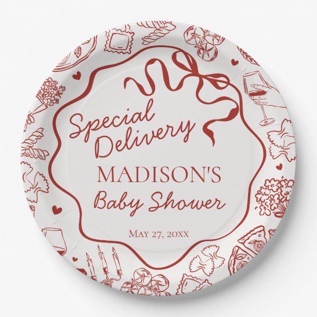 Italian Pasta Special Delivery Baby Shower Paper Plate (Front)