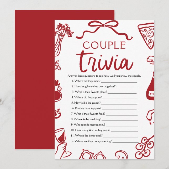 Italian Pizza Couple Trivia Bridal Shower Game  Invitation (Front/Back)