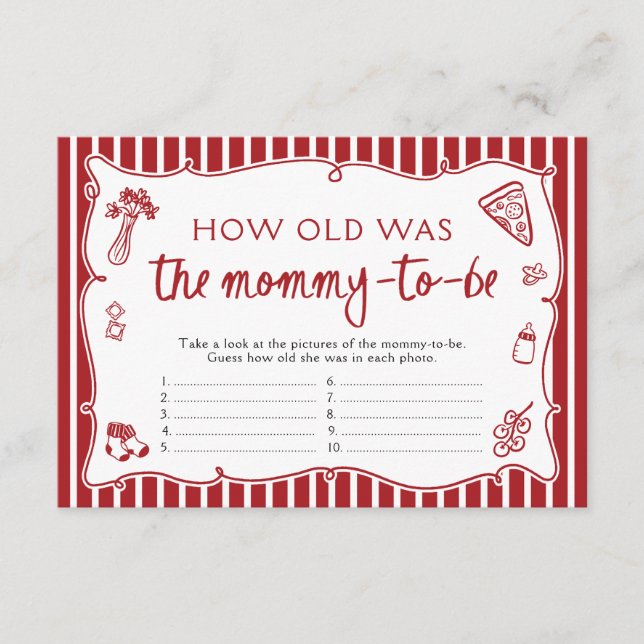 Italian Pizza How Old Was Mummy Baby Shower Game Enclosure Card (Front)