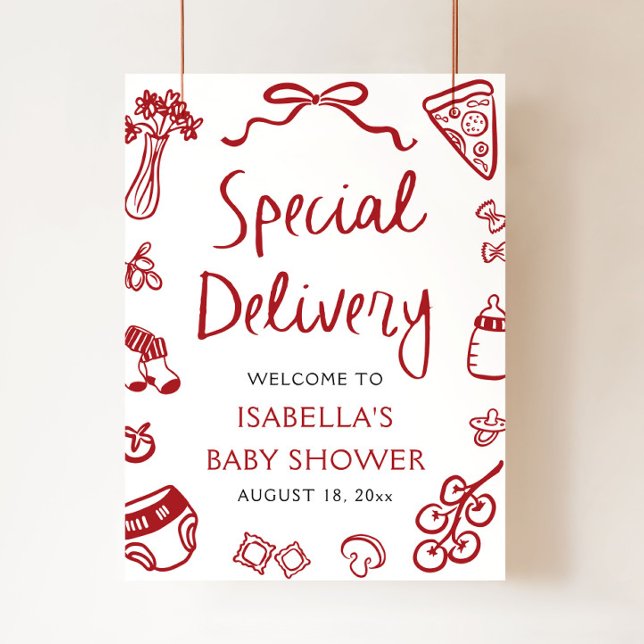 Italian Pizza Special Delivery Baby Shower Welcome Poster (Hand drawn Italian Pizza Special Delivery Baby Shower Welcome)
