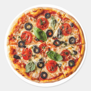 Italian pizza with tomatoes, olives, and basil classic round sticker