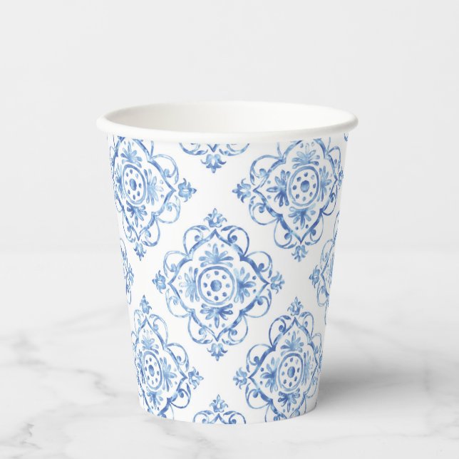 Italian Positano Tuscan Blue Tile Paper Cups (Front)