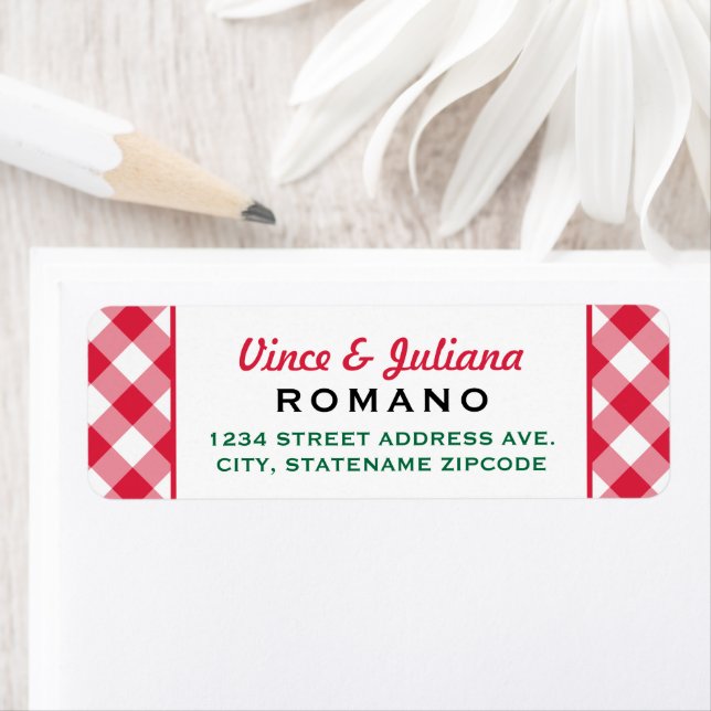 Italian Red Chequered Wedding Return Address Label (Insitu)