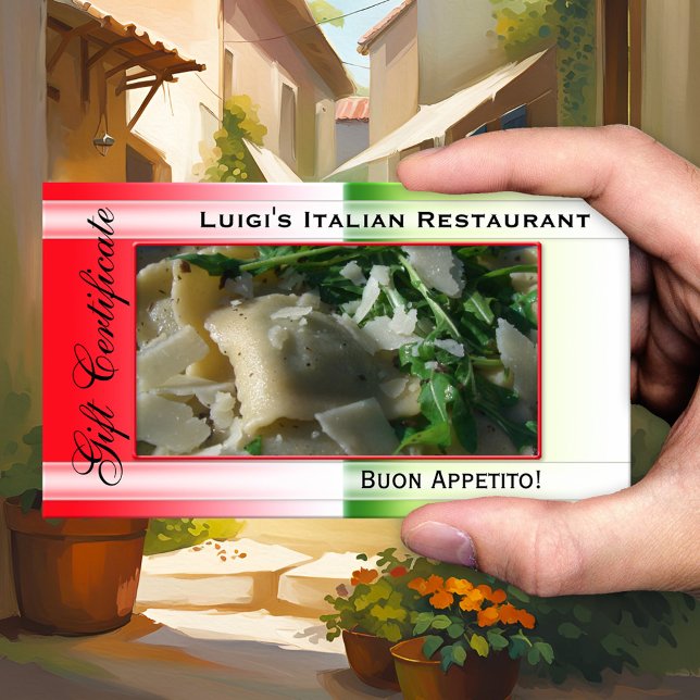 Italian Restaurant Gift Certificate Template (Gift certificate template for an Italian restaurant in the colors of the Italian flag - QR code)