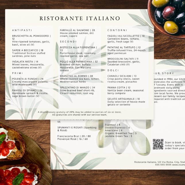 Italian Restaurant Stylish Modern QR Code Menu (A menu for an Italian restaurant, with olives design and customizable QR code and text)