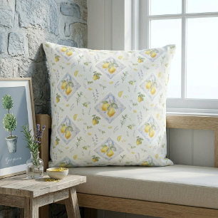 Italian Riviera Watercolor Botanical Lemon Pattern Cushion