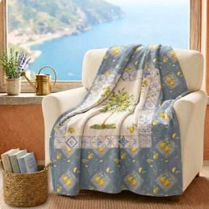 Italian Riviera Watercolor Botanical Lemon Pattern Fleece Blanket