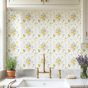 Italian Riviera Watercolor Lemon Botanical Pattern Ceramic Tile